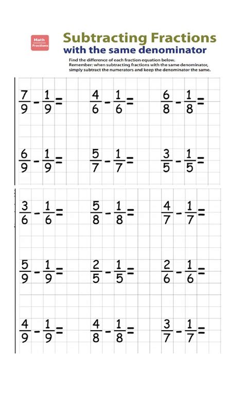 Adding and subtracting fractions with like denominators worksheet