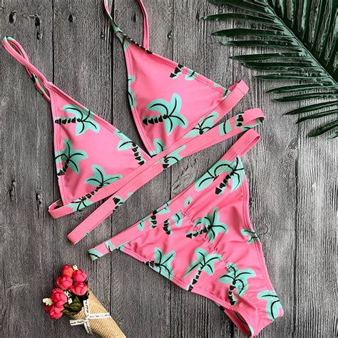 Sexy Print Bandage Pink Bikini Set Thong Swimwear Women Bikini 2018