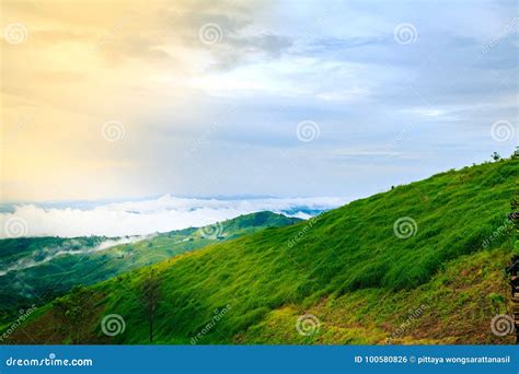 Sunset On Mountain With Fog After Rain In Phrae Northen Thailand Stock