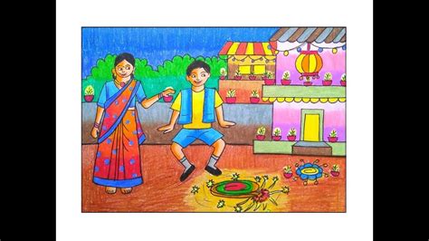 Diwali Scenery Drawing With Oil Pastels Diwali Festival Drawing