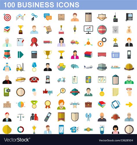 100 Business Icons Set Flat Style Royalty Free Vector Image