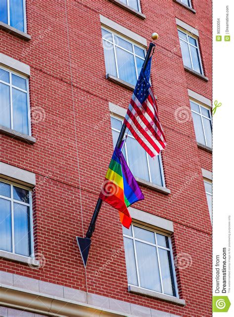 Rainbow And American Flag Waving In Washington Dc Stock Photo Image