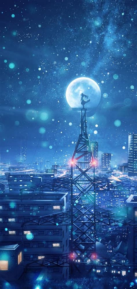 Night Sky City Stars Anime Scenery 4k Anime Phone