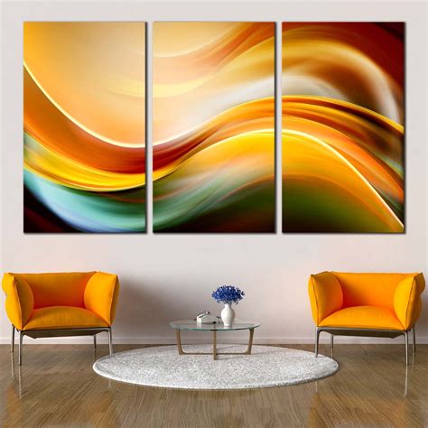 Modern Abstract Canvas Wall Art, Yellow Waves Triptych Canvas Print, G ...
