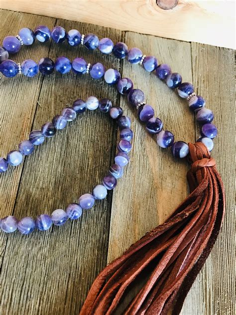 Purple Stone Bead Necklace With Leather Fringe Tassel Etsy