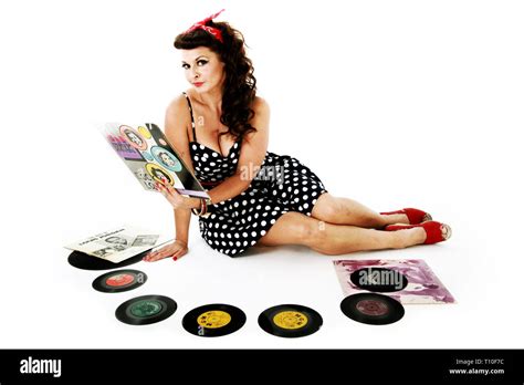 Pin Up Girl Woman With Vinyl Records Stock Photo Alamy