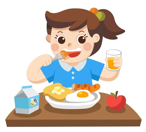 Premium Vector A Little Girl Happy To Eat Breakfast In The Morning