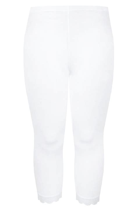 White Cotton Essential Cropped Leggings With Lace Detail Plus Size 16