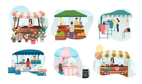 Street Market Stalls Flat Vector Illustrations Set Fair Funfair Trade Tents Outdoor Kiosks