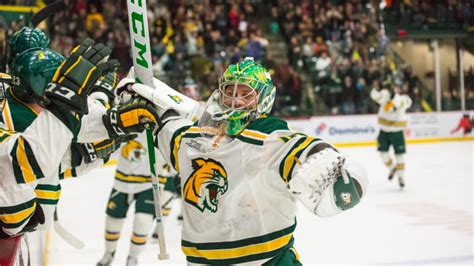 Mens Hockey Northern Michigan Goalie Makes History With Goal