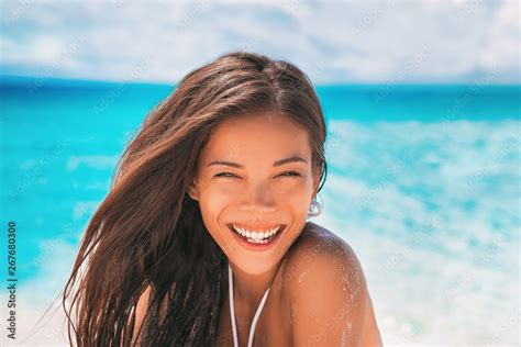 Asian Beauty Young Beautiful Smiling Woman Laughing On Beach Summer