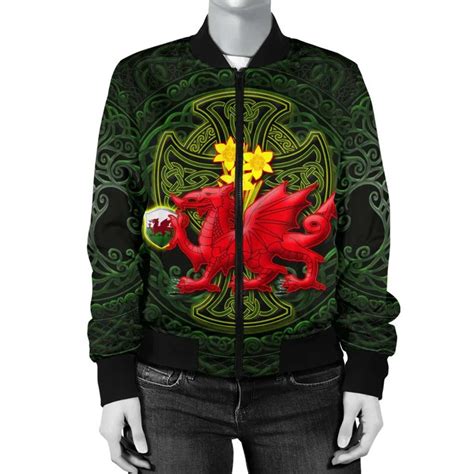 Welsh Dragon With Celtic Cross And Daffodils Unisex Bomber Jacket The