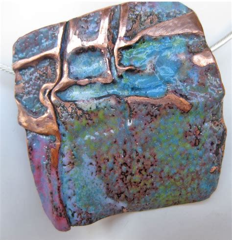 Pendant Fold Formed Enameled Copper Etched Jewelry Enamel Jewelry
