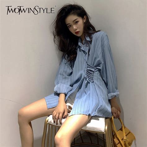Twotwinstyle Striped Shirts Top Female Loose Long Sleeve Lace Up Single