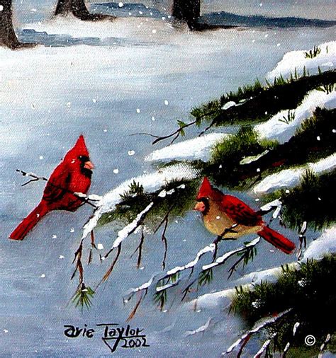 Christmas Winter Scene With Cardinals Folk Art Print Old Etsy