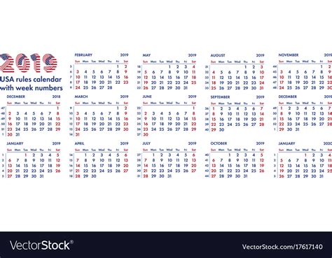 2019 American Calendar Weeks Royalty Free Vector Image