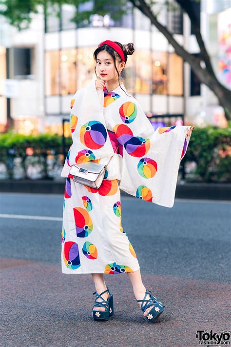 Vintage Yukata And Floral Sandals Worn By Japanese Actress In Harajuku