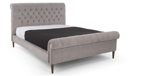 Aaliyah grey velvet double ottoman bed with chrome headboard trim. Orkney 135cm x 190cm UK Double Size Bed, Owl Grey | made.com