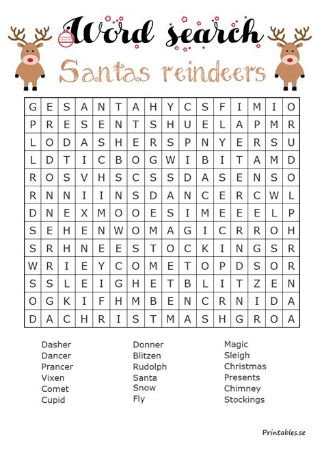Word Search Santas Reindeer Free Printable