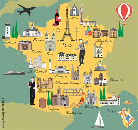 France Travel Map With Sights Flat Style Vector Illustration Popular