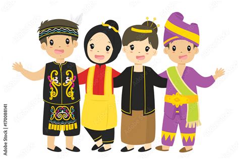 Indonesian Children Wearing Traditional Dress Cartoon Vector Stock