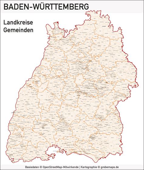 ˌbaːdn̩ ˈvʏʁtəmbɛʁk ()), commonly shortened to bw or bawü, is a german state (land) in southwest germany, east of the rhine, which forms the southern part of germany's western border with france. Baden-Württemberg Vektorkarte Landkreise Gemeinden PLZ-5 ...
