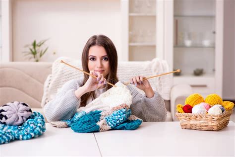 The Young Beautiful Woman Knitting At Home Stock Image Image Of