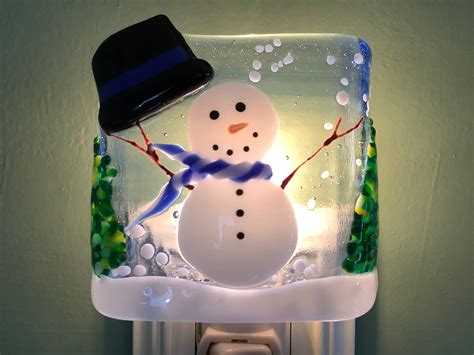 Snowman Fused Glass Plug In Winter Wonderland Night Light With Slumped