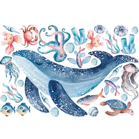 Stickers Animaux Marins Et Baleine Aquarelle