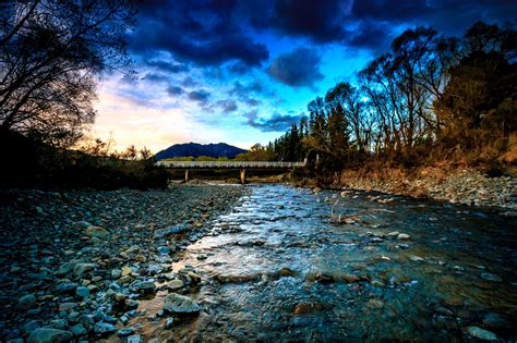 New Zealand Rivers Bridges Stones Evening Clouds