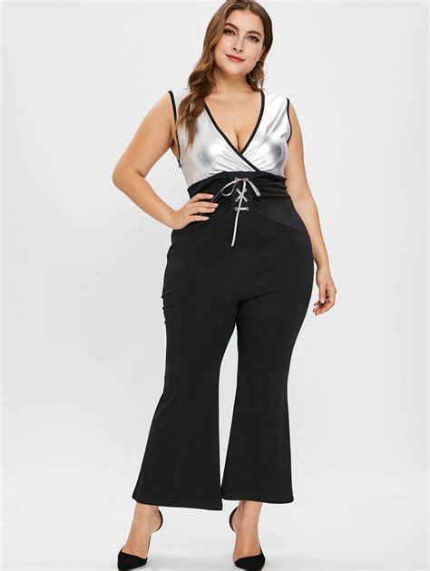 Wipalo Plus Size Sleeveless V Neck Contrast Flare Jumpsuit With Lace Up Surplice Two Tone High