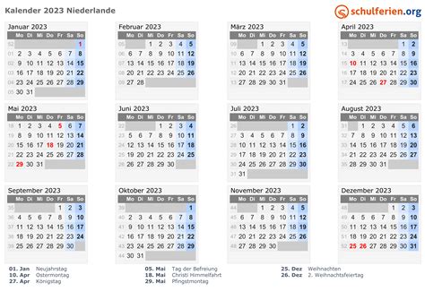 Kalender Niederlande 2023 Mit Feiertage