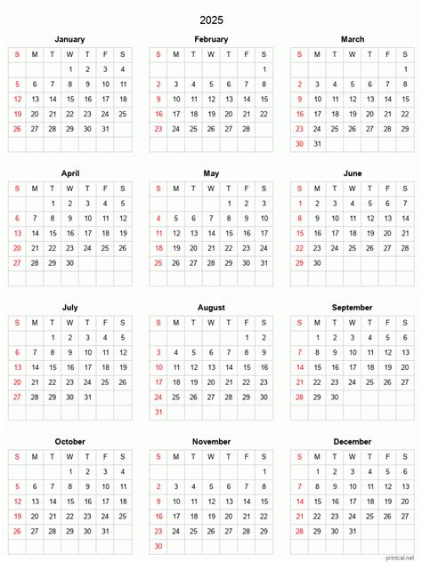 2025 Printable Calendar Full Year Calendar Grid Style