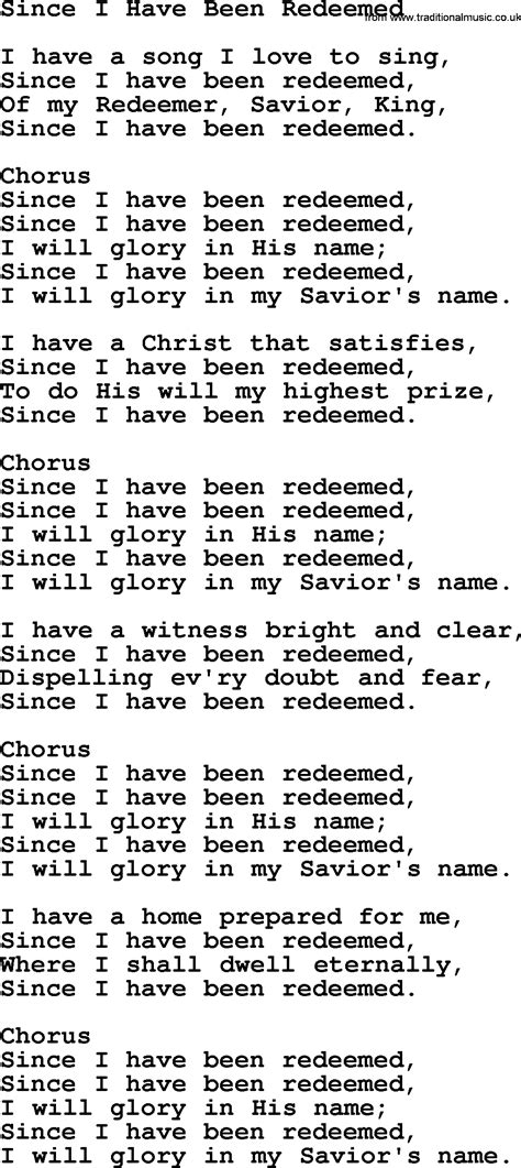 Baptist Hymnal Christian Song Since I Have Been Redeemed Lyrics With