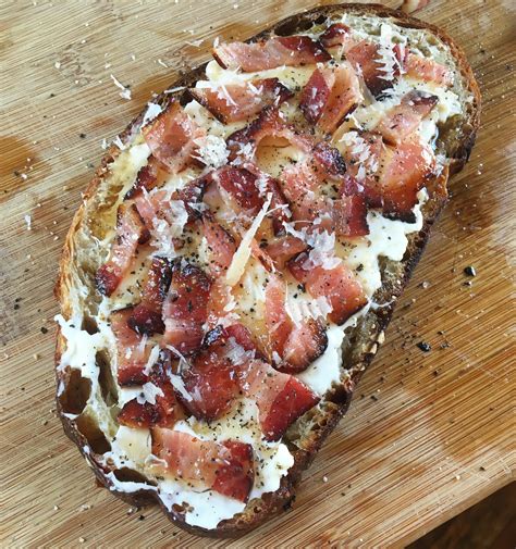 Homemade Tartine With Cream Cheese Bacon Maple Syrup Parmesan And