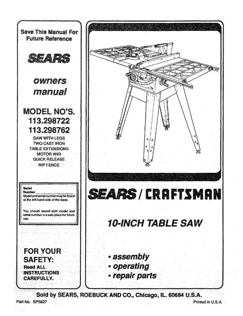 Sears Craftsman Table Saw Manual Model EBay