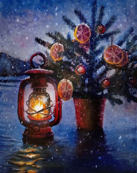 Oil Painting Christmas Lantern With Small Christmas Tree In Pot