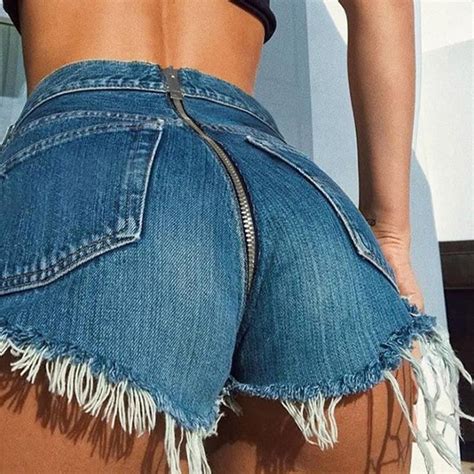 Women Jeans Girls Hot Denim Mini Shorts Ripped Mid Waist Back Zipper