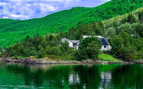 Norway Hills Houses River Forest Landscape Wallpapers Hd Desktop
