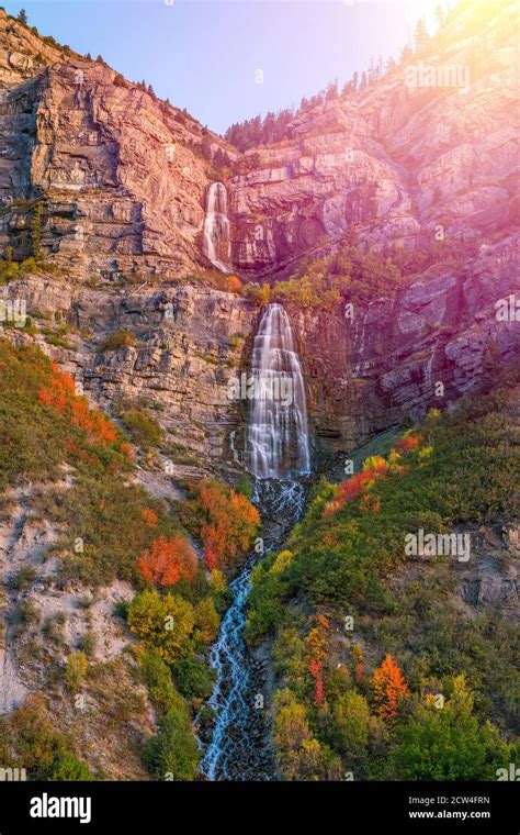 Bridal Veil Falls Provo Utah During Autumn Season At Sunset Stock