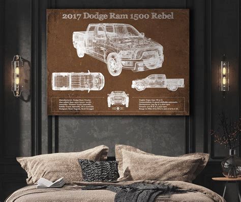2017 Dodge Ram 1500 Rebel Truck Vintage Blueprint Auto Print Wall Art