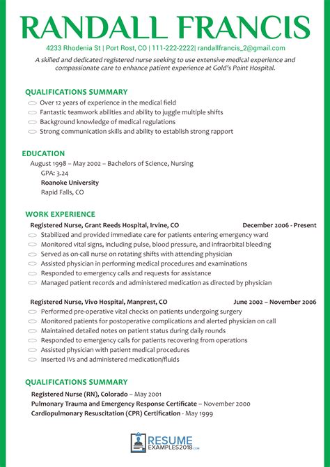 Francis hospital registered nurse example. Get Nursing Resume Examples 2019 and Land Your Dream Job