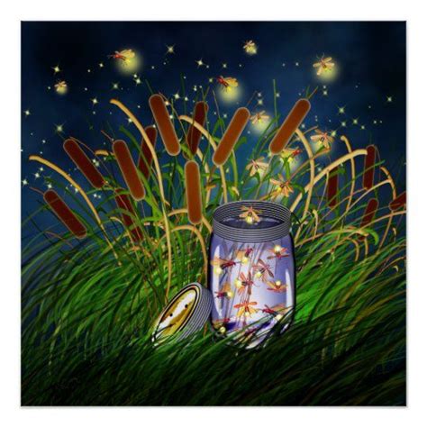 Fireflies Escape A Mason Jar Among Cattails Poster A Swarm Of Glowing