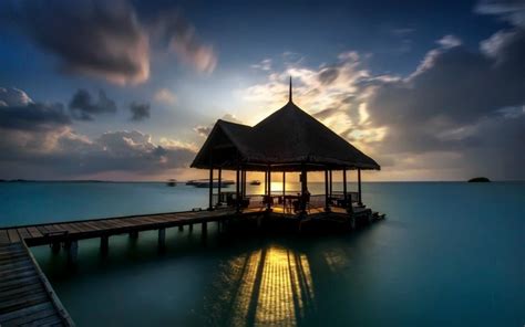 Resort Hut Hotel Ocean Tropical Sunset Clouds Hd Wallpaper Nature And