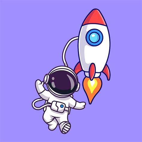 Lindo Astronauta Flotando Con Cohete En El Espacio Cartoon Vector Icono