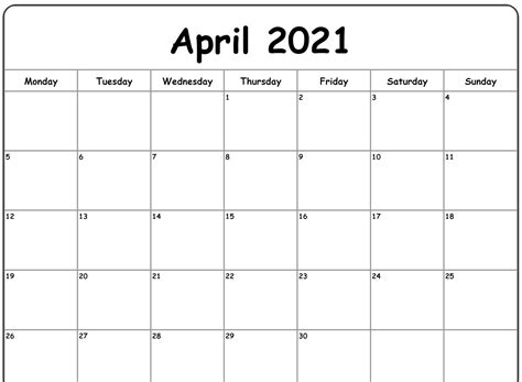 April 2021 Printable Calendar Word Excel Template Download In 2020
