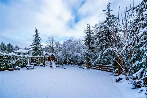 Snow Covered Play Ground In The Fraser Valley Of British Columbia Stock