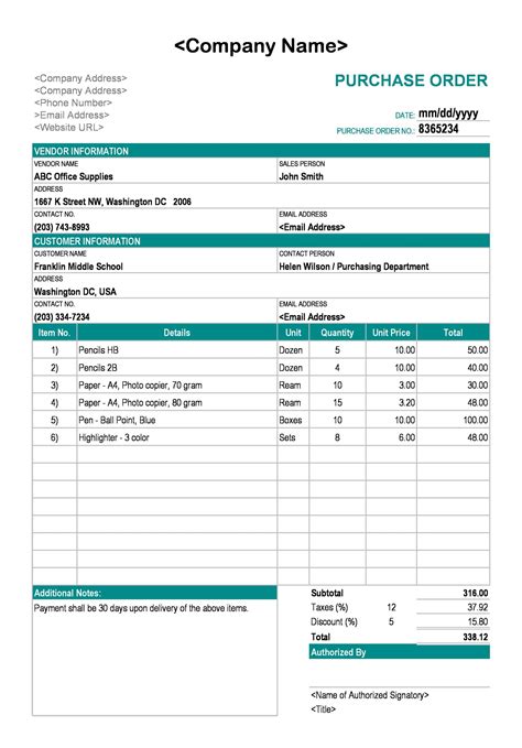 Free Purchase Order Excel Template
