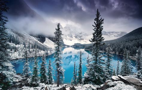 Wallpaper Winter Clouds Snow Trees Mountains Clouds Fog Lake