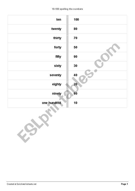 Match The Numbers 10 100 Esl Worksheet By Csmagica21